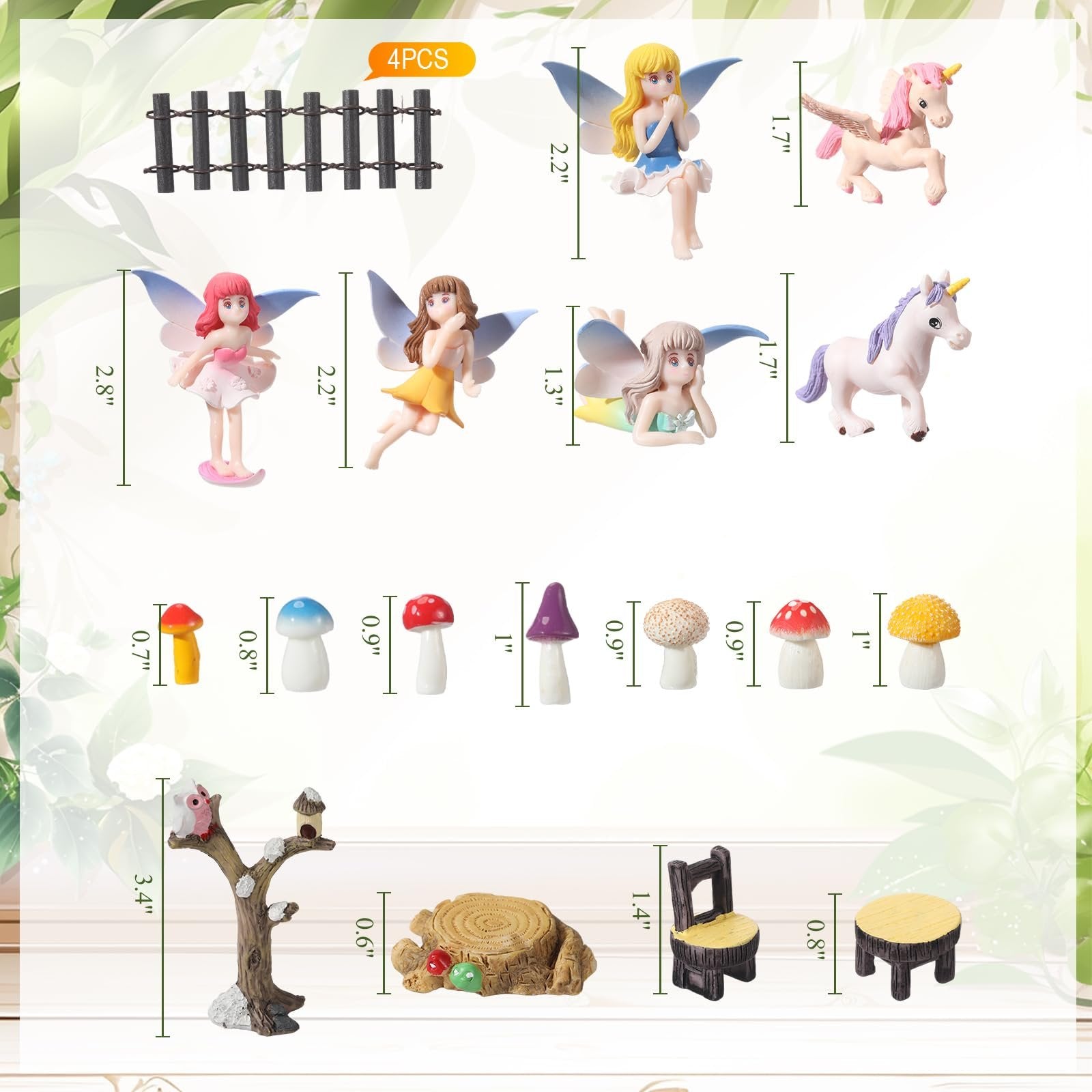 Miniature fairy garden accessories including fairies, unicorns, mushrooms, fence, tree, stump, chair, and table with size callouts.