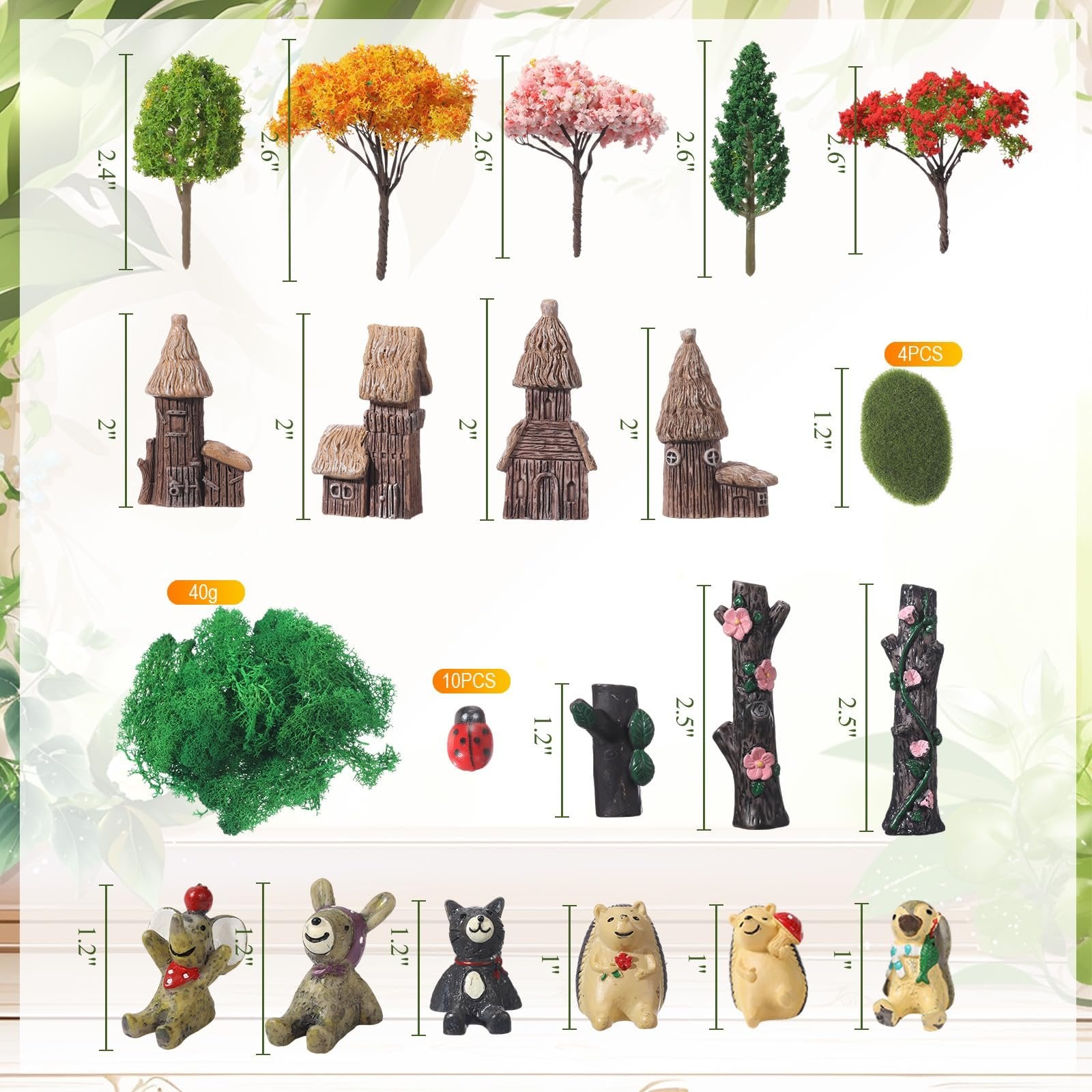 Miniature garden set including trees, houses, moss, ladybugs, and animal figurines with size indicators.