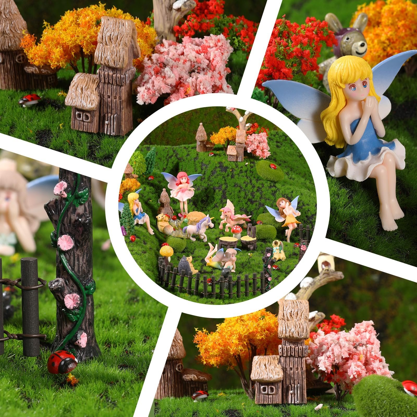 Collage of miniature fairy garden accessories including houses, trees, fairies, animals, and moss.