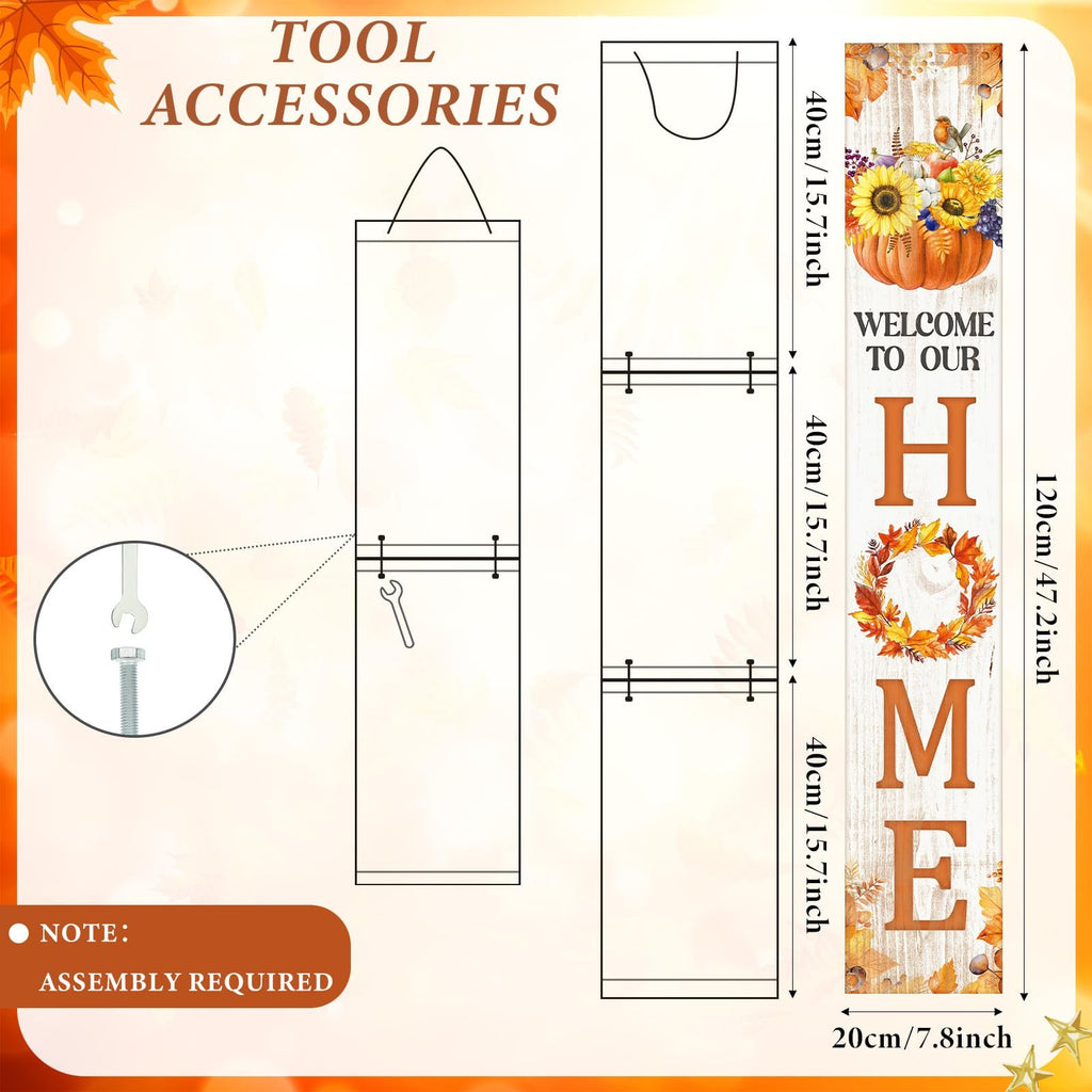 Diagram and graphic of a 47-inch vertical porch sign with fall theme, showing dimensions and assembly notes.