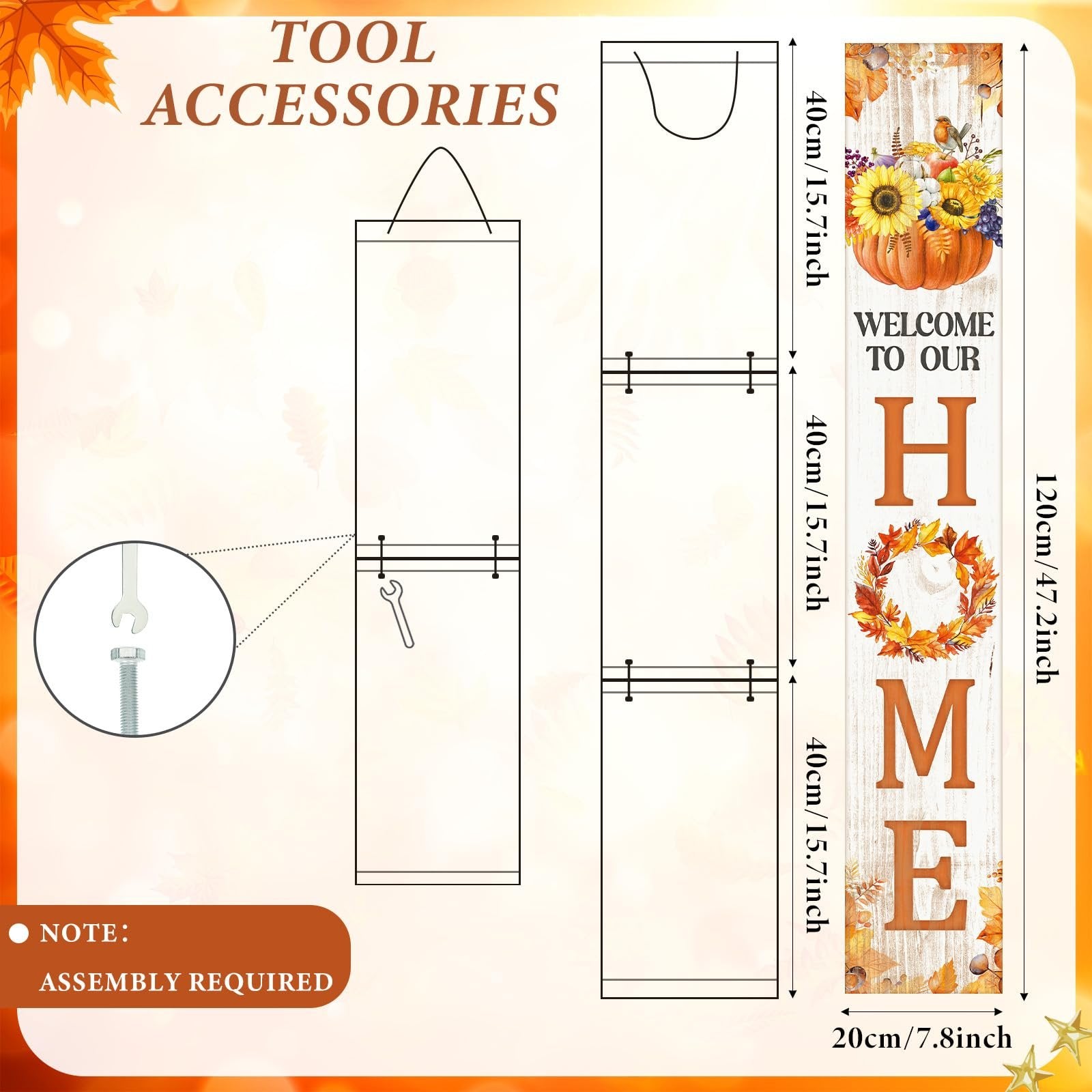 Diagram and graphic of a 47-inch vertical porch sign with fall theme, showing dimensions and assembly notes.