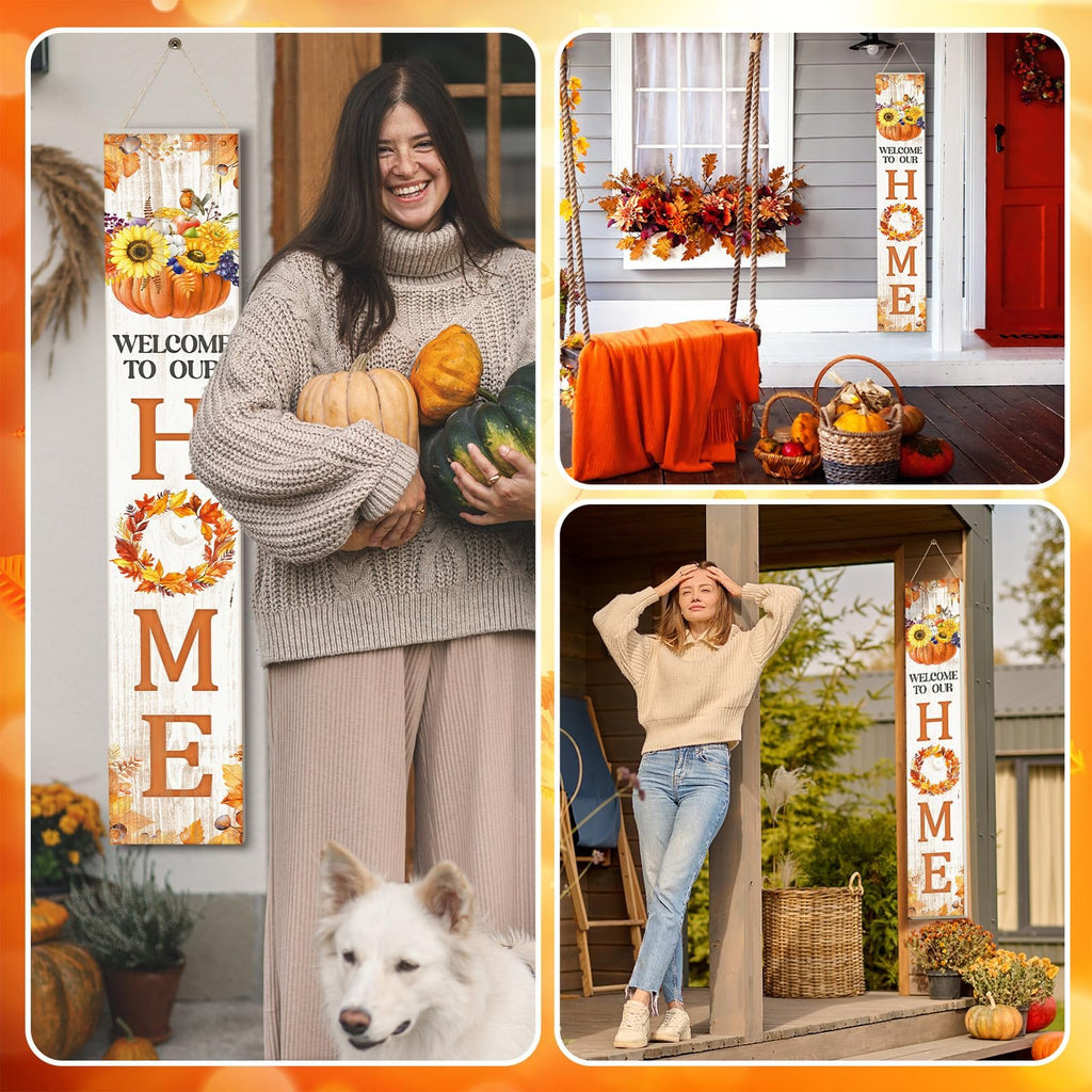 Collage of fall porch decor featuring a vertical welcome sign with pumpkins and sunflowers, a woman holding pumpkins, and a woman posing on a porch.