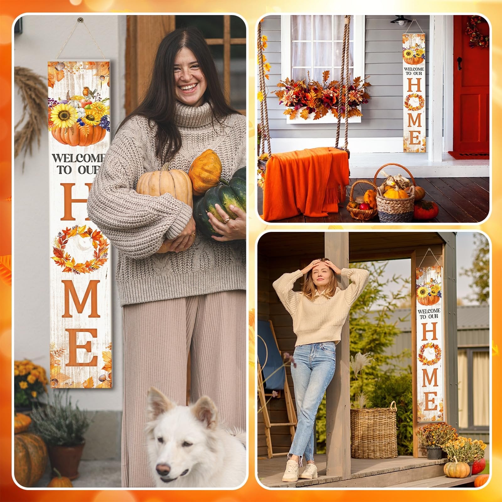 Collage of fall porch decor featuring a vertical welcome sign with pumpkins and sunflowers, a woman holding pumpkins, and a woman posing on a porch.
