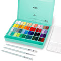 Open gouache paint set with 48 colors, three brushes, and a palette on a white background.