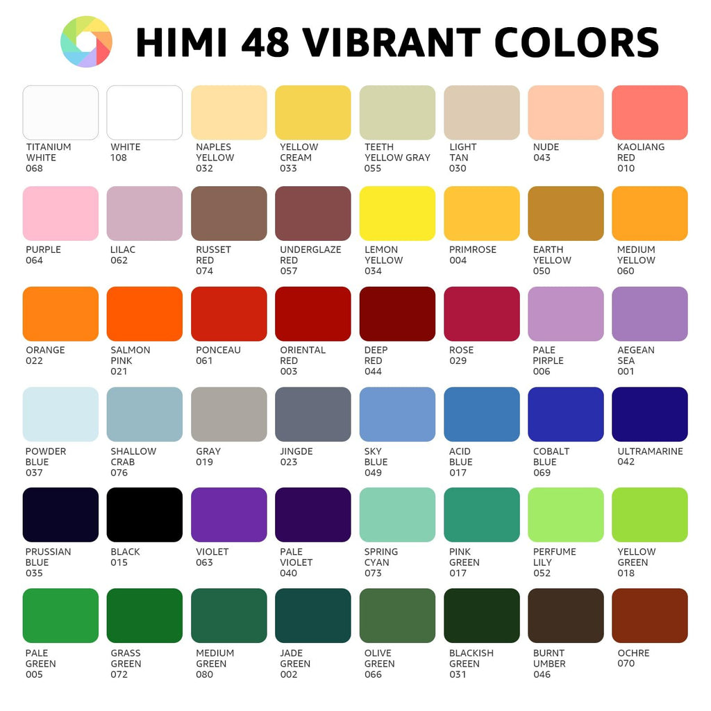 Color chart showing 48 swatches of HIMI gouache paint with names and numbers, arranged in rows and columns.