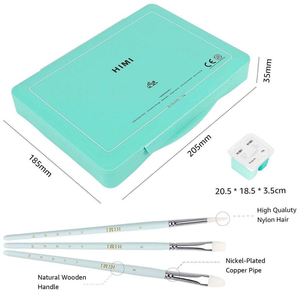 Turquoise gouache paint set case with dimensions, three paint brushes, and a single paint pot shown. Brushes have wooden handles and nylon bristles.