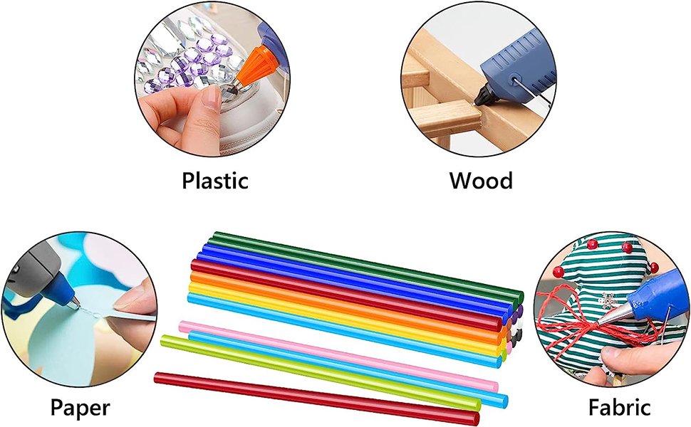 Assorted colored mini hot glue sticks with examples of use on plastic, wood, paper, and fabric