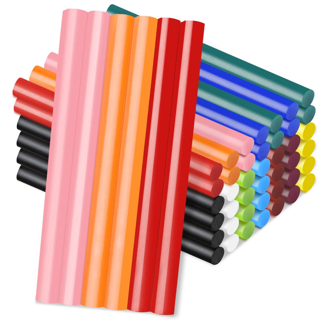 Assorted colored mini hot glue sticks fanned out on a white background, showing pink, orange, red, black, green, blue, yellow, and purple.