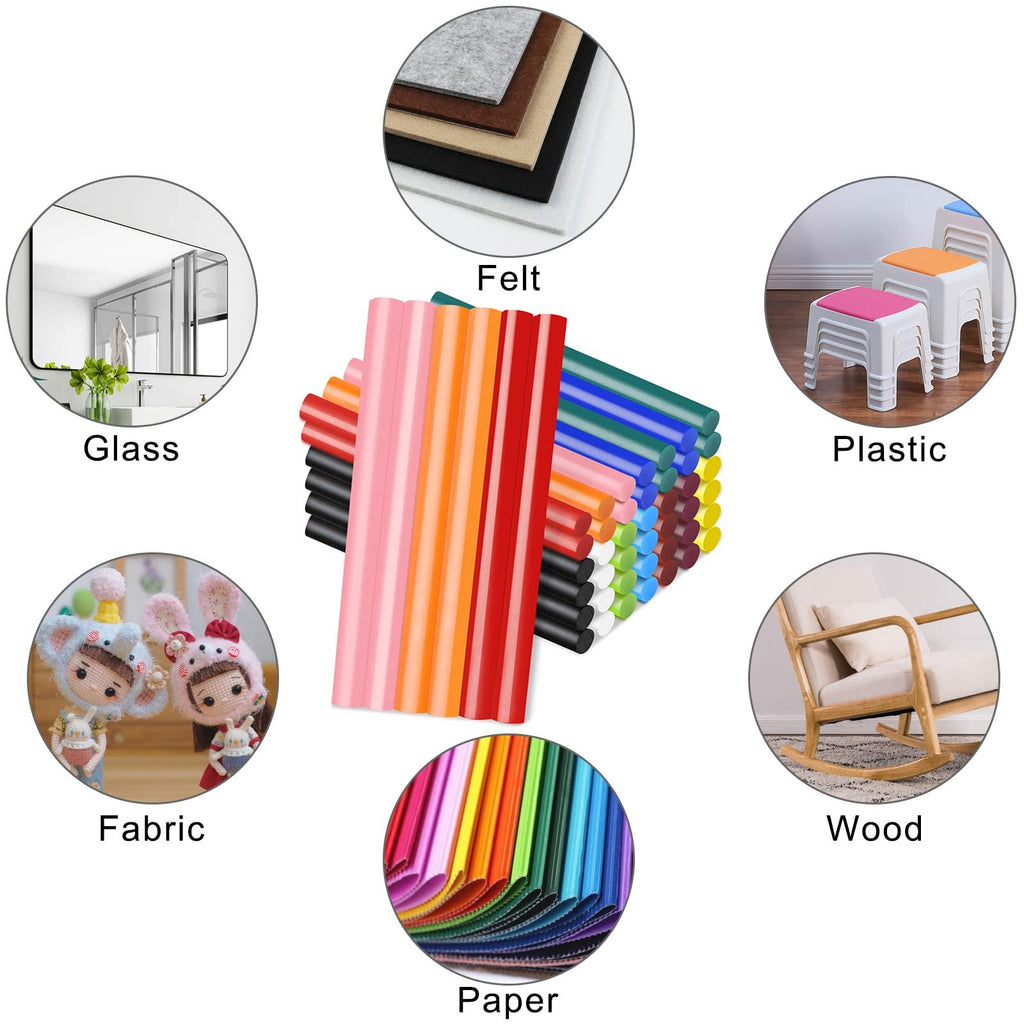 Assorted colored mini hot glue sticks with circular insets showing felt, glass, fabric, paper, plastic stools, and wood rocking chair.