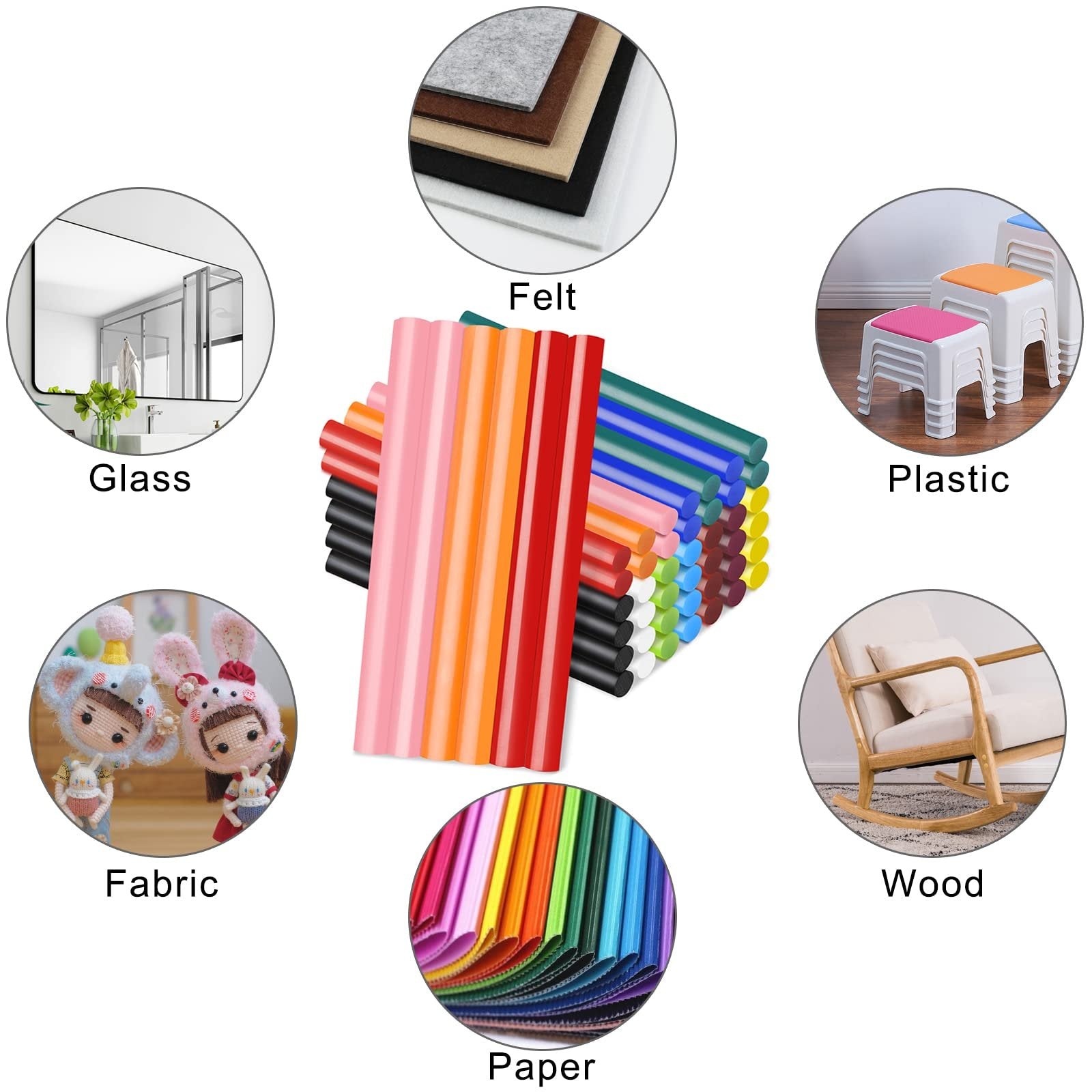 Assorted colored mini hot glue sticks with circular insets showing felt, glass, fabric, paper, plastic stools, and wood rocking chair.