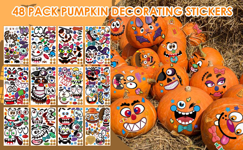 Assorted Halloween pumpkin decorating stickers and decorated pumpkins on hay