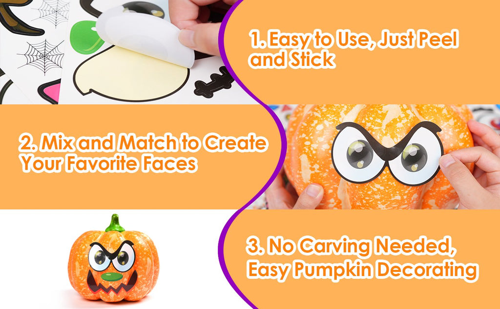 Pumpkin decorating sticker kit with three numbered steps: peeling stickers, mixing faces, and a finished pumpkin.