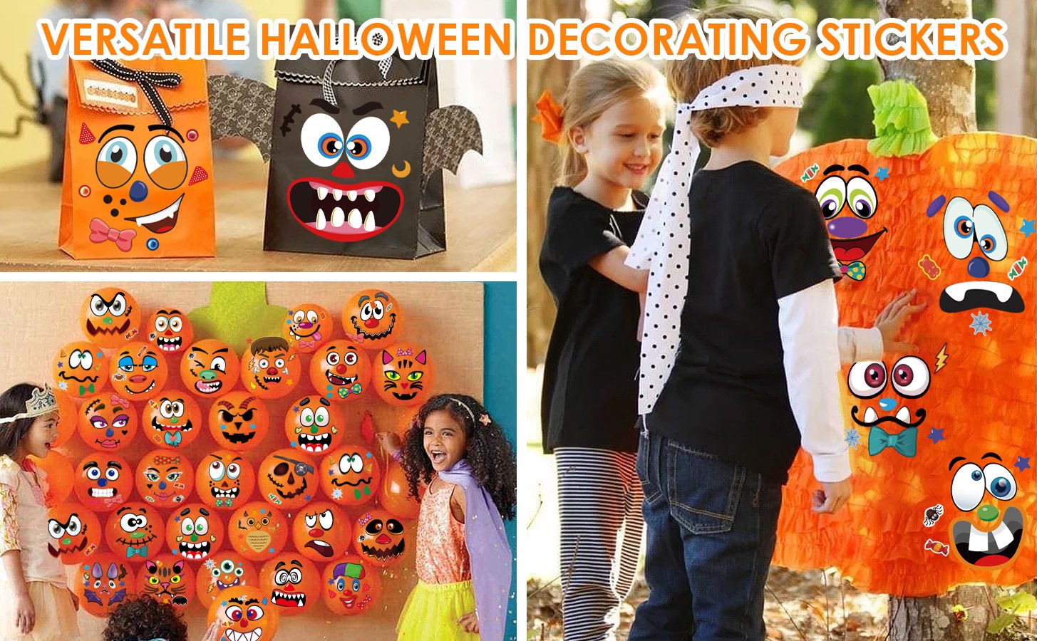 Children decorating a large pumpkin piñata with Halloween stickers, and decorated treat bags.
