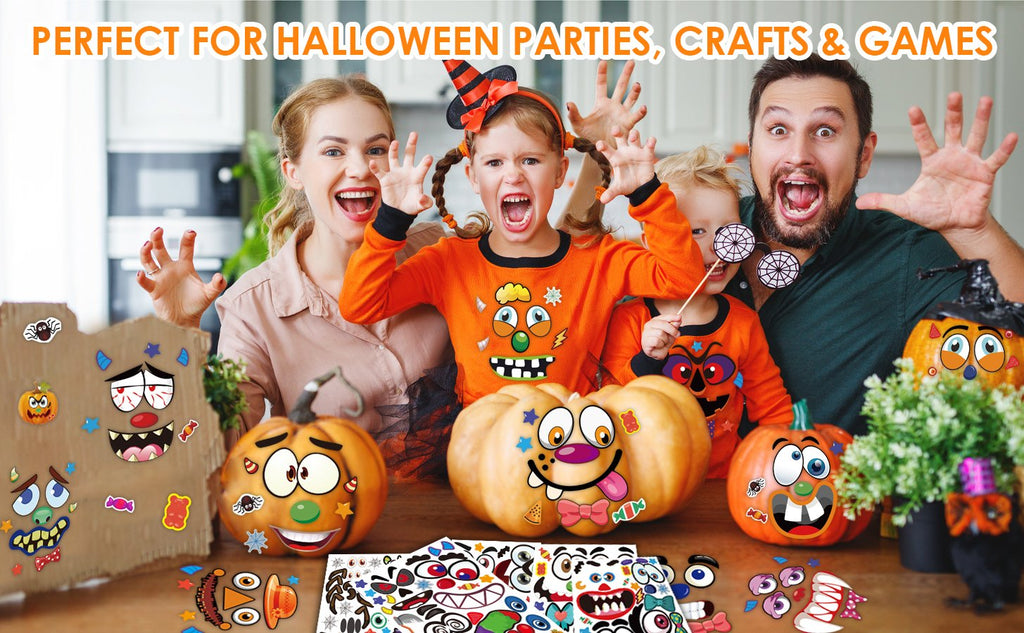 Family decorating pumpkins with Halloween stickers, showing various sticker faces and decorated pumpkins.
