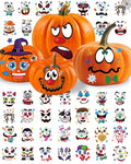 Four pumpkins decorated with various Halloween-themed vinyl face stickers, surrounded by a grid of sticker designs.
