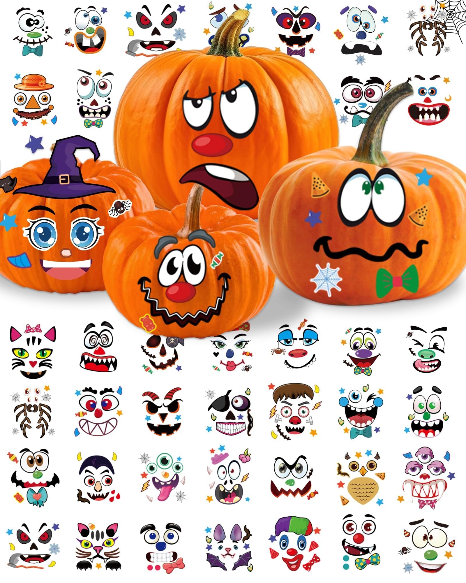 Four pumpkins decorated with various Halloween-themed vinyl face stickers, surrounded by a grid of sticker designs.