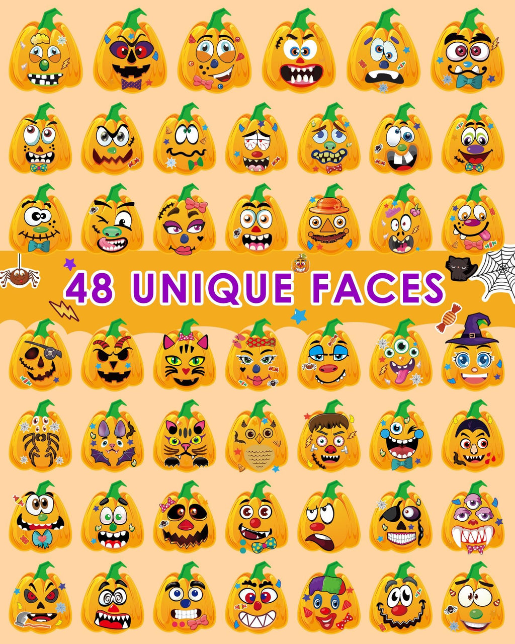 48 unique Halloween pumpkin decorating stickers with various cartoon faces, arranged in rows.