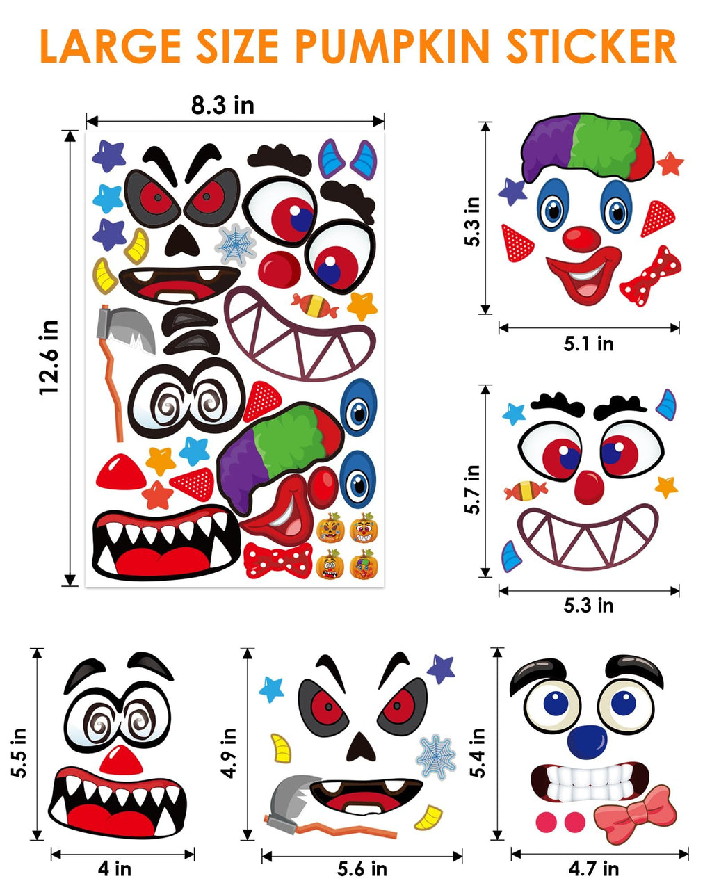 Sheet of Halloween pumpkin decorating stickers with various eyes, mouths, and accessories, plus individual sticker faces with dimensions shown.