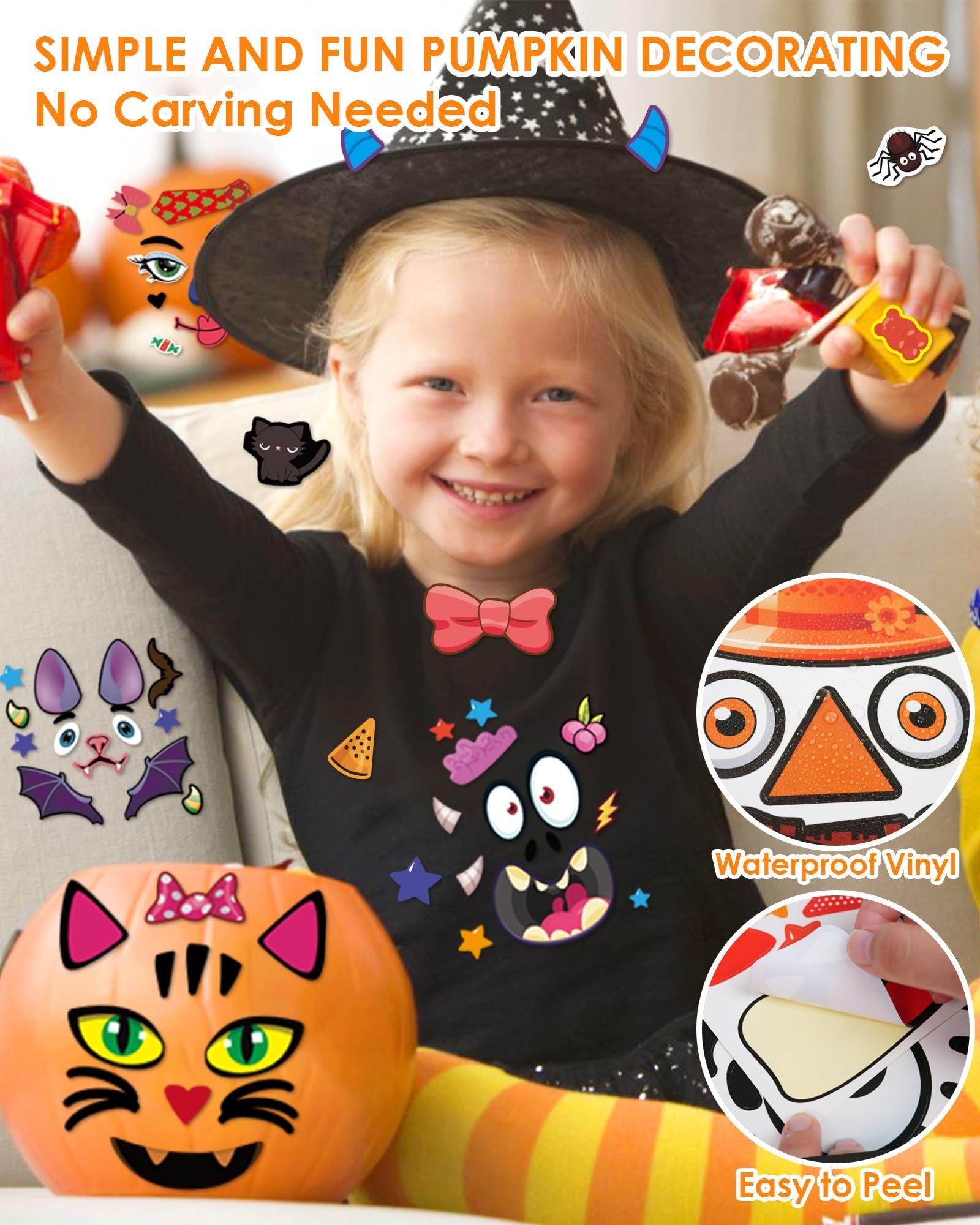 Smiling child in witch hat holding Halloween candy, with decorated pumpkin and stickers on shirt.