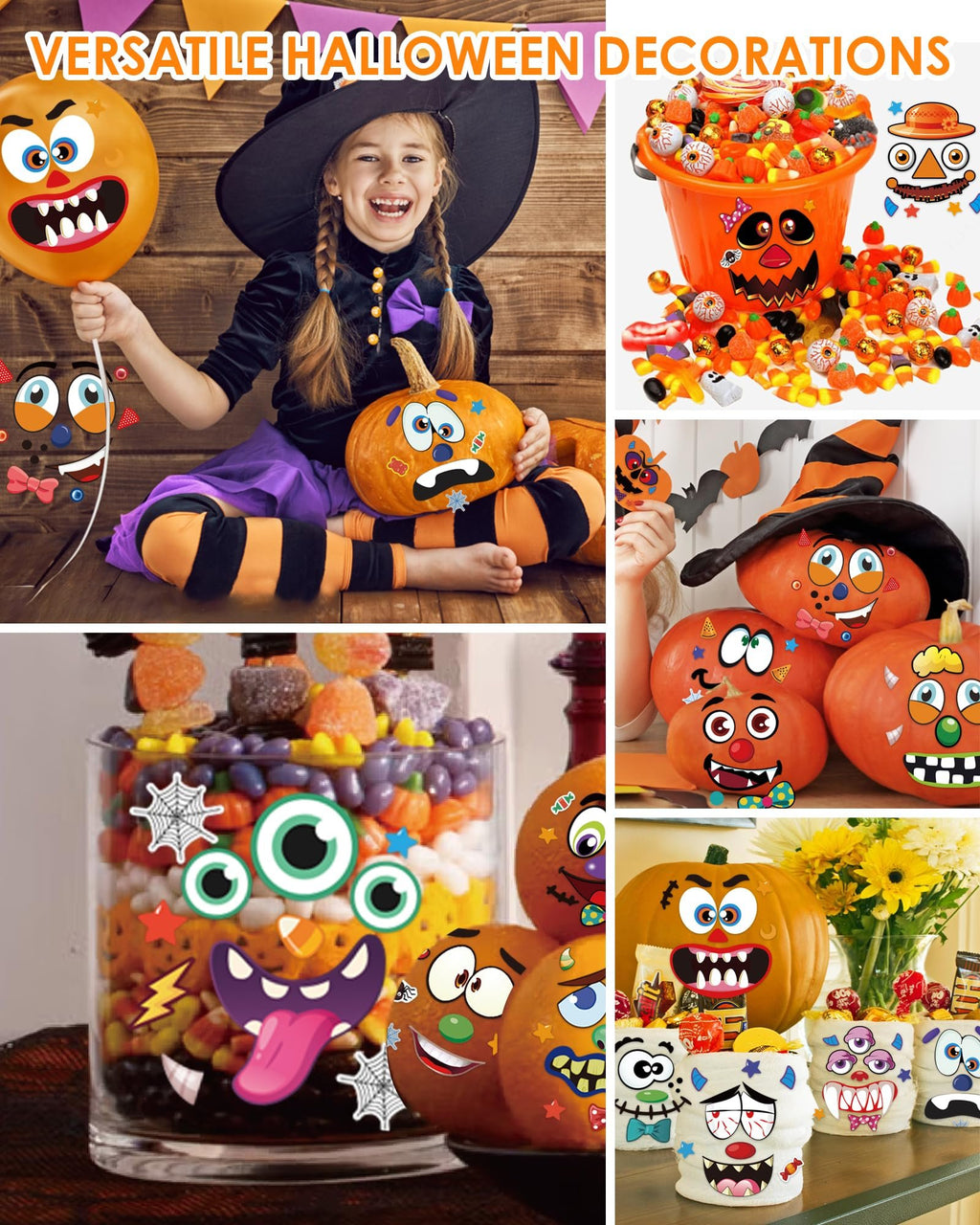 Collage of Halloween decorations including a girl with a pumpkin, candy bucket, and decorated pumpkins.