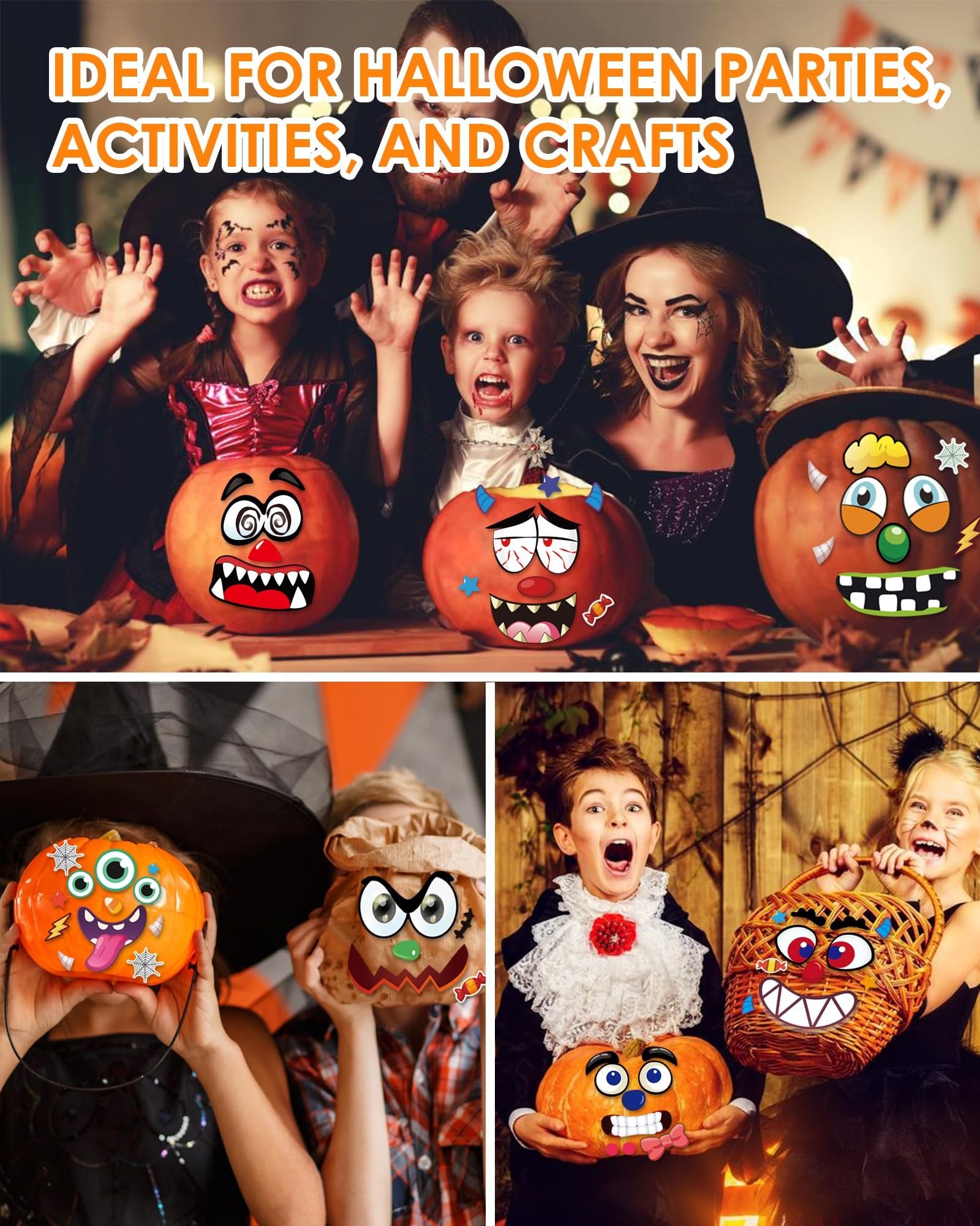 Family in Halloween costumes decorating pumpkins with vinyl face stickers. Collage of four scenes.