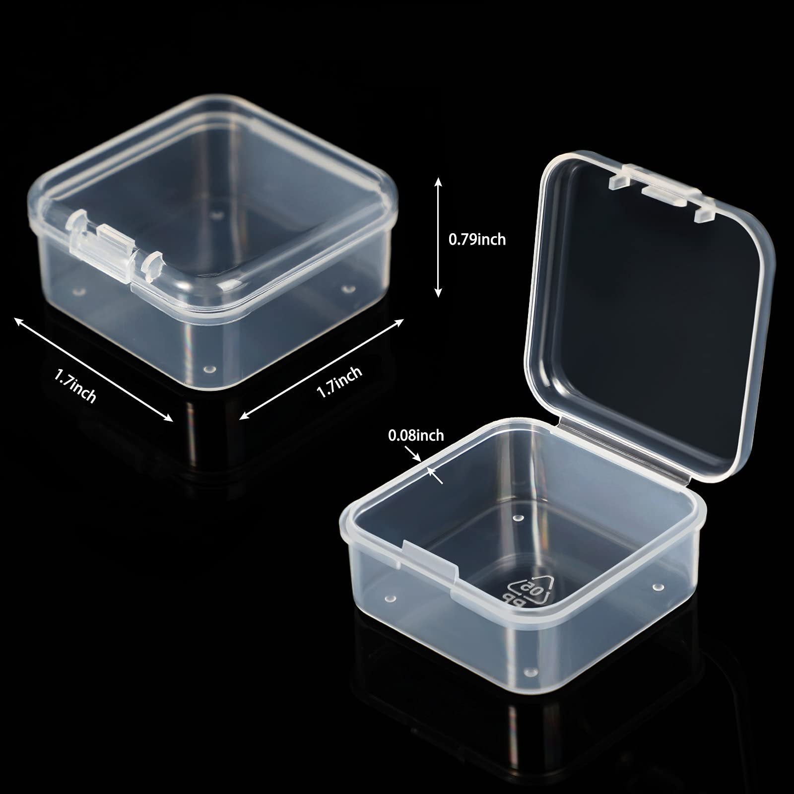 Two clear plastic storage boxes with hinged lids shown on a black background, one closed and one open, with dimensions indicated.