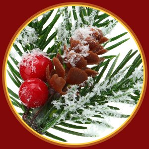 Artificial pine branch with red berries, pine cone, and faux snow