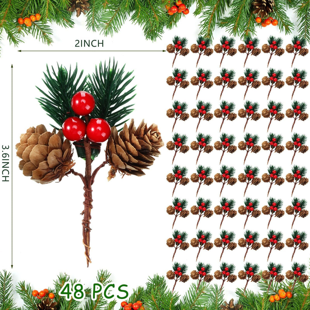 Artificial pine branches with pine cones and red berries, shown with dimensions and a grid of 48 pieces.