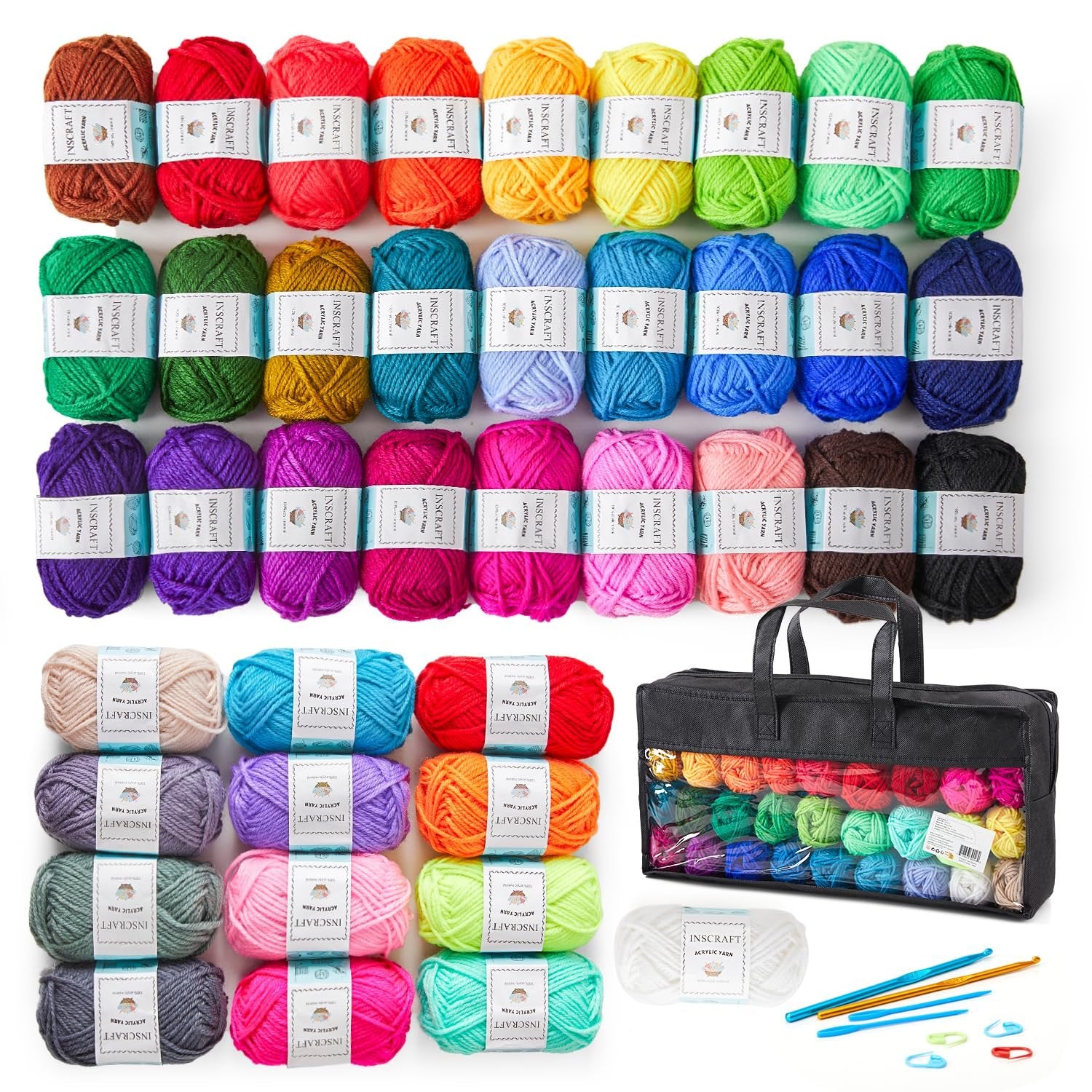 Assortment of 48 skeins of acrylic yarn in various colors, plus a black storage bag and crochet accessories.