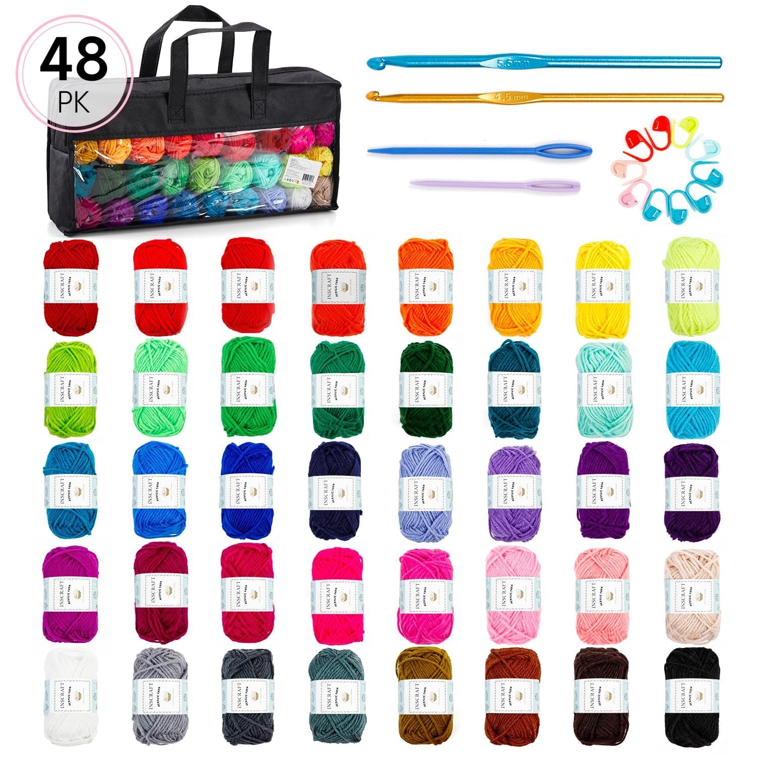 Crochet yarn kit with 48 skeins of acrylic yarn in various colors, crochet hooks, weaving needles, and stitch markers in a storage bag.