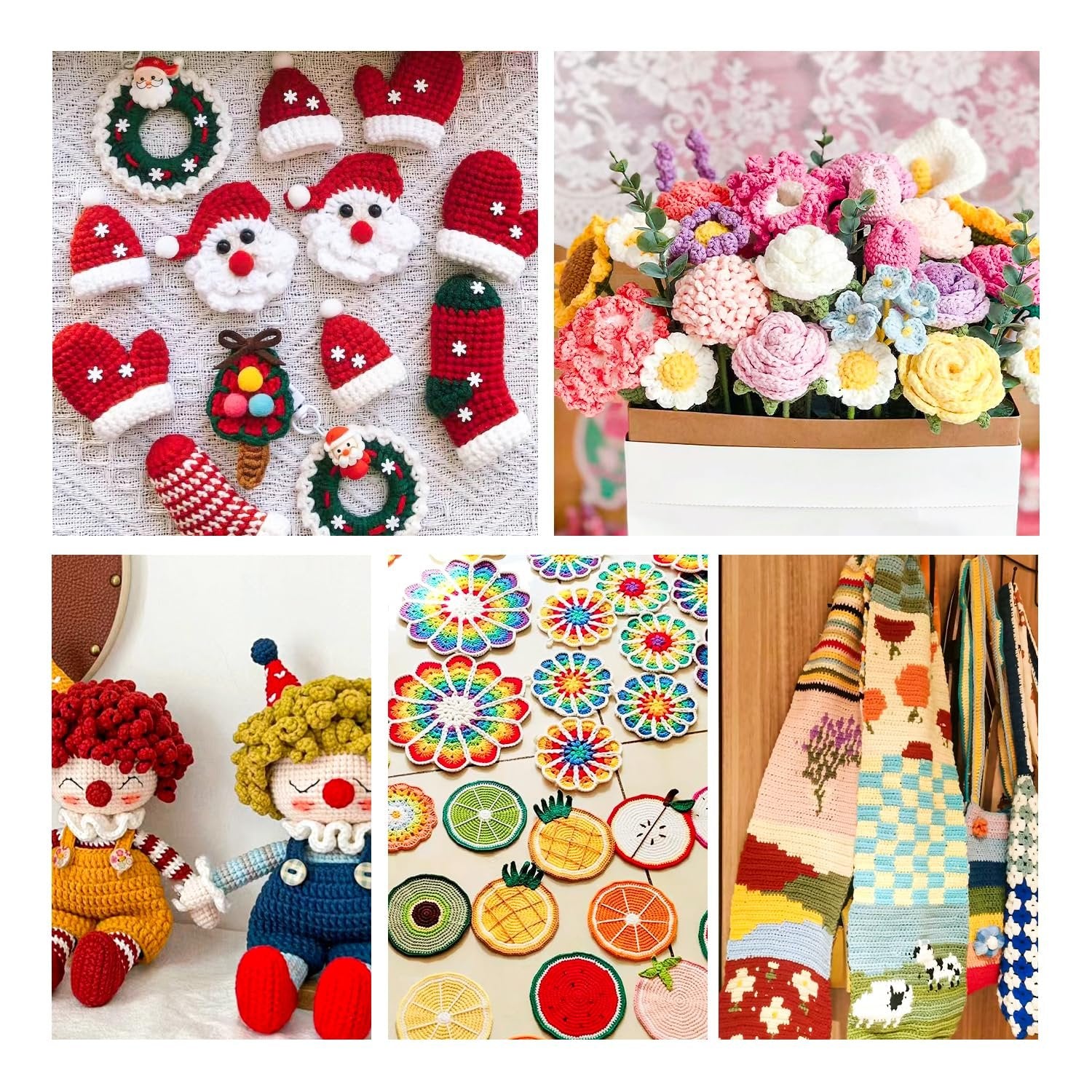 Collage of crocheted items including Christmas ornaments, flowers, dolls, coasters, and bags