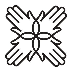 Abstract graphic design of four hands forming a circular pattern with a floral-like center