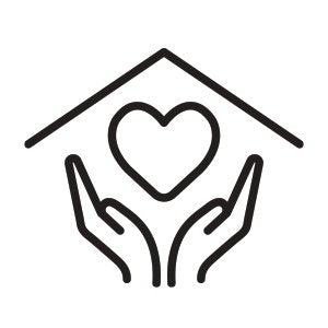 Outline icon of hands holding a heart under a roof