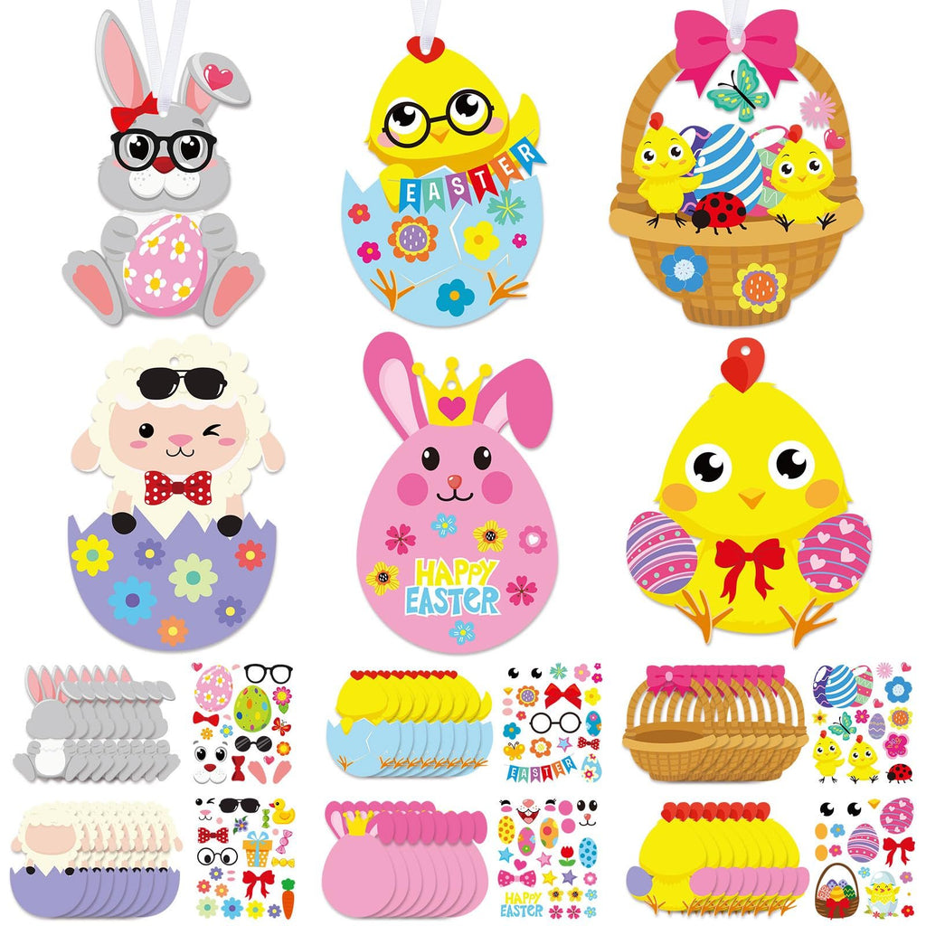 Easter cardstock ornament craft kit components including bunnies, chicks, sheep, baskets, and stickers on a white background.
