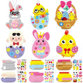 Easter cardstock ornament craft kit components including bunnies, chicks, sheep, baskets, and stickers on a white background.