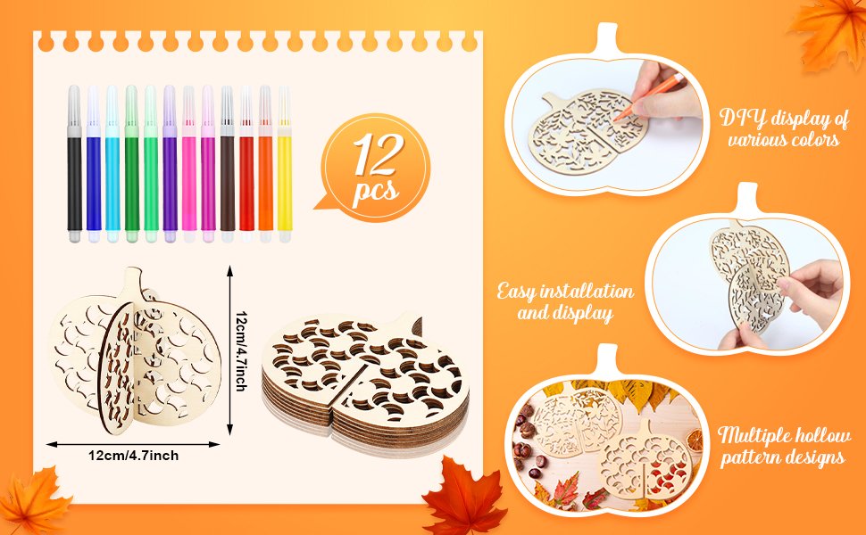 Fall wood pumpkin craft set with 12 markers, showing assembled pumpkins and individual cutouts with dimensions.