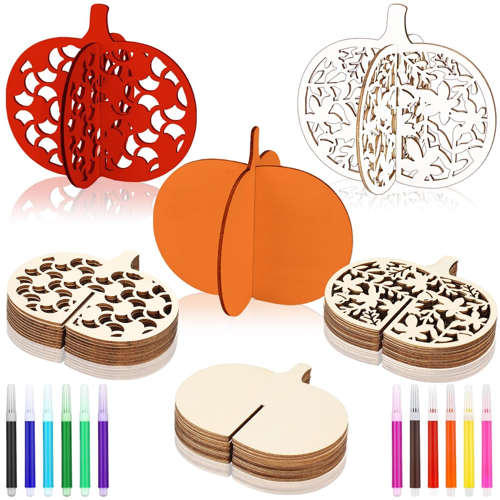 Set of 48 unfinished wooden pumpkin craft cutouts with 12 colored markers for DIY decor