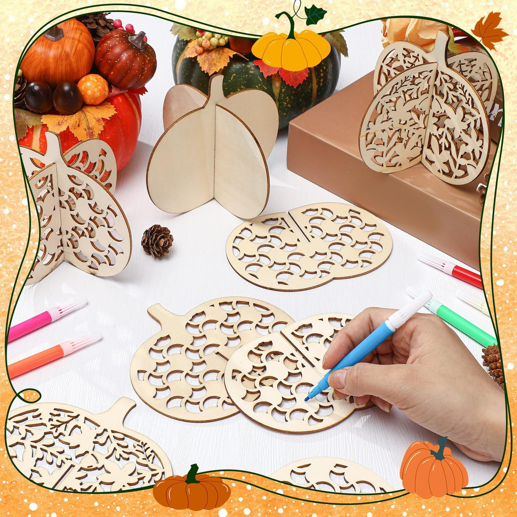 Wood pumpkin craft cutouts and markers on a white surface with fall decorations