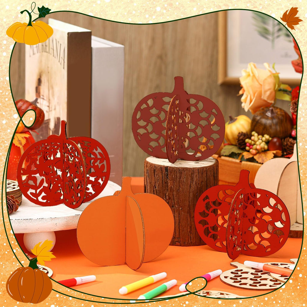 Fall wood pumpkin craft set with markers, featuring unfinished 3D pumpkin cutouts and colored markers on an orange surface.