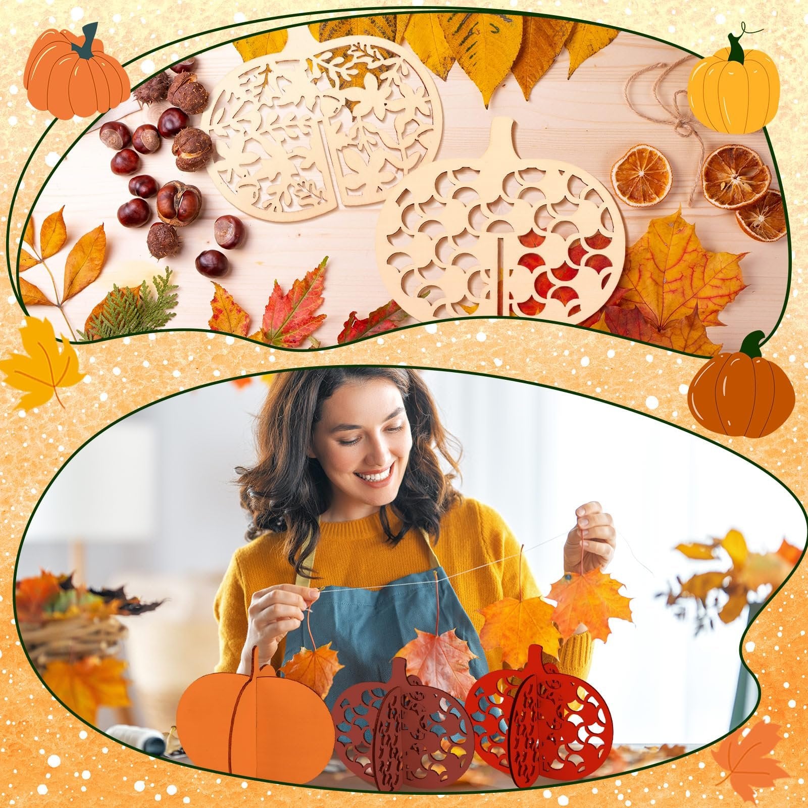 Woman crafting fall-themed decorations with wooden pumpkin cutouts and autumn leaves.