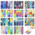Collection of 48 sensory stickers with various themes including space, nature, abstract art, and cute characters, shown in stacks and a storage box.