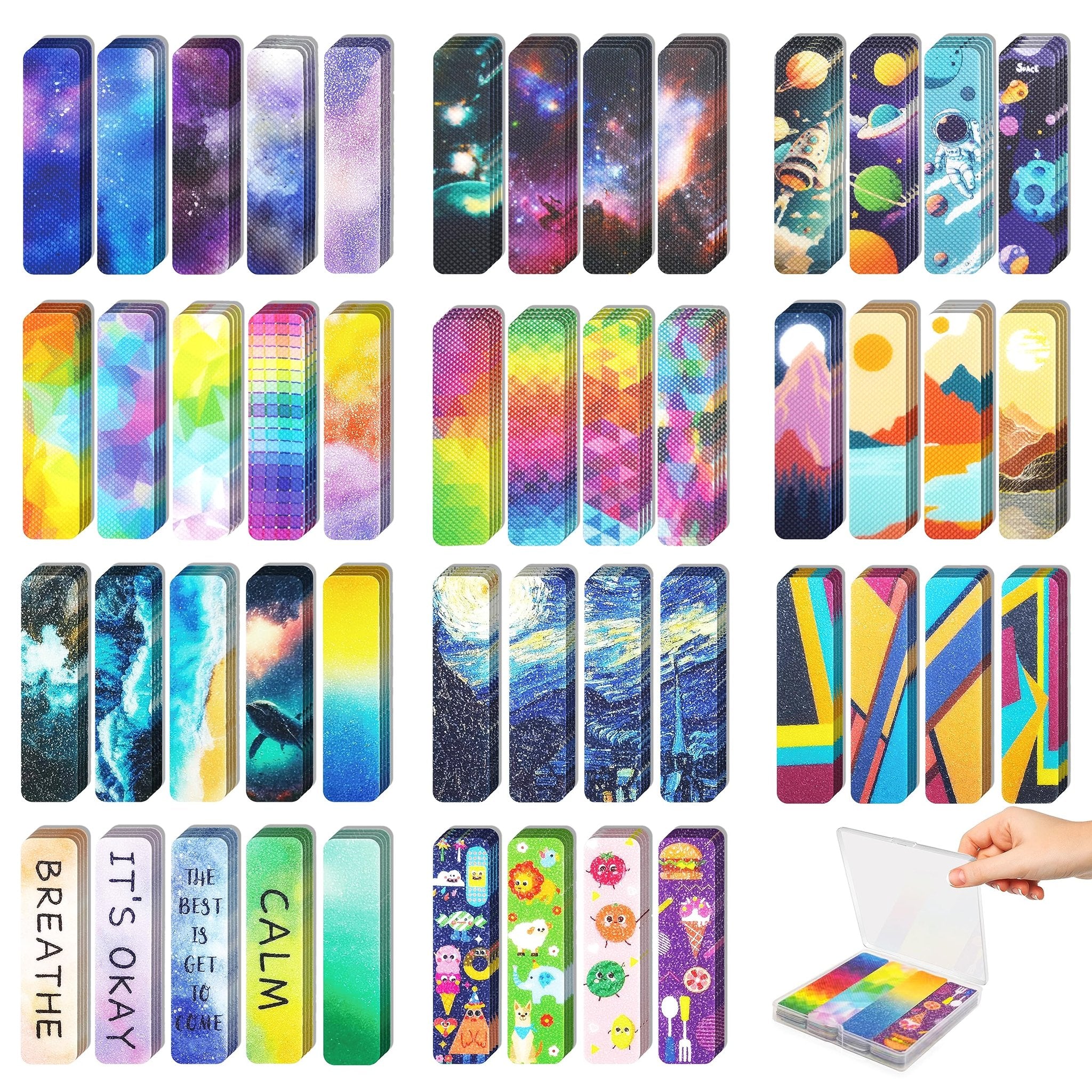 Collection of 48 sensory stickers with various themes including space, nature, abstract art, and cute characters, shown in stacks and a storage box.