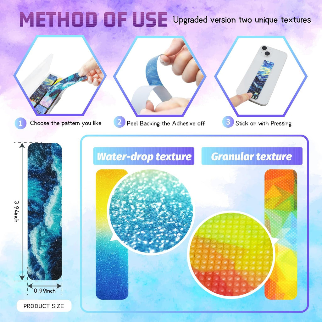 Instructions for sensory stickers showing method of use and texture details. Includes product size.