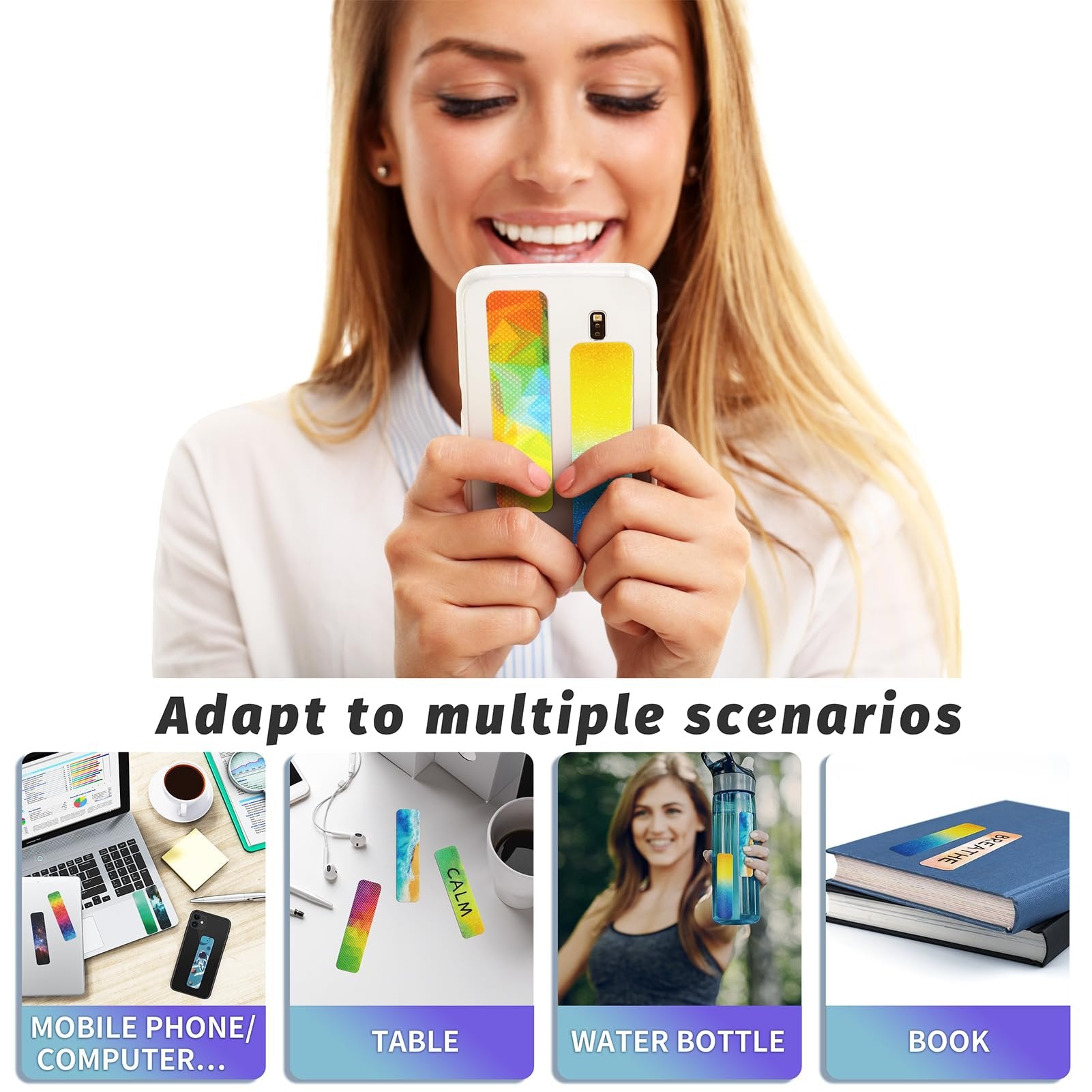 Woman holding a smartphone with colorful textured sensory stickers applied to the case, with lifestyle images below showing sticker applications.