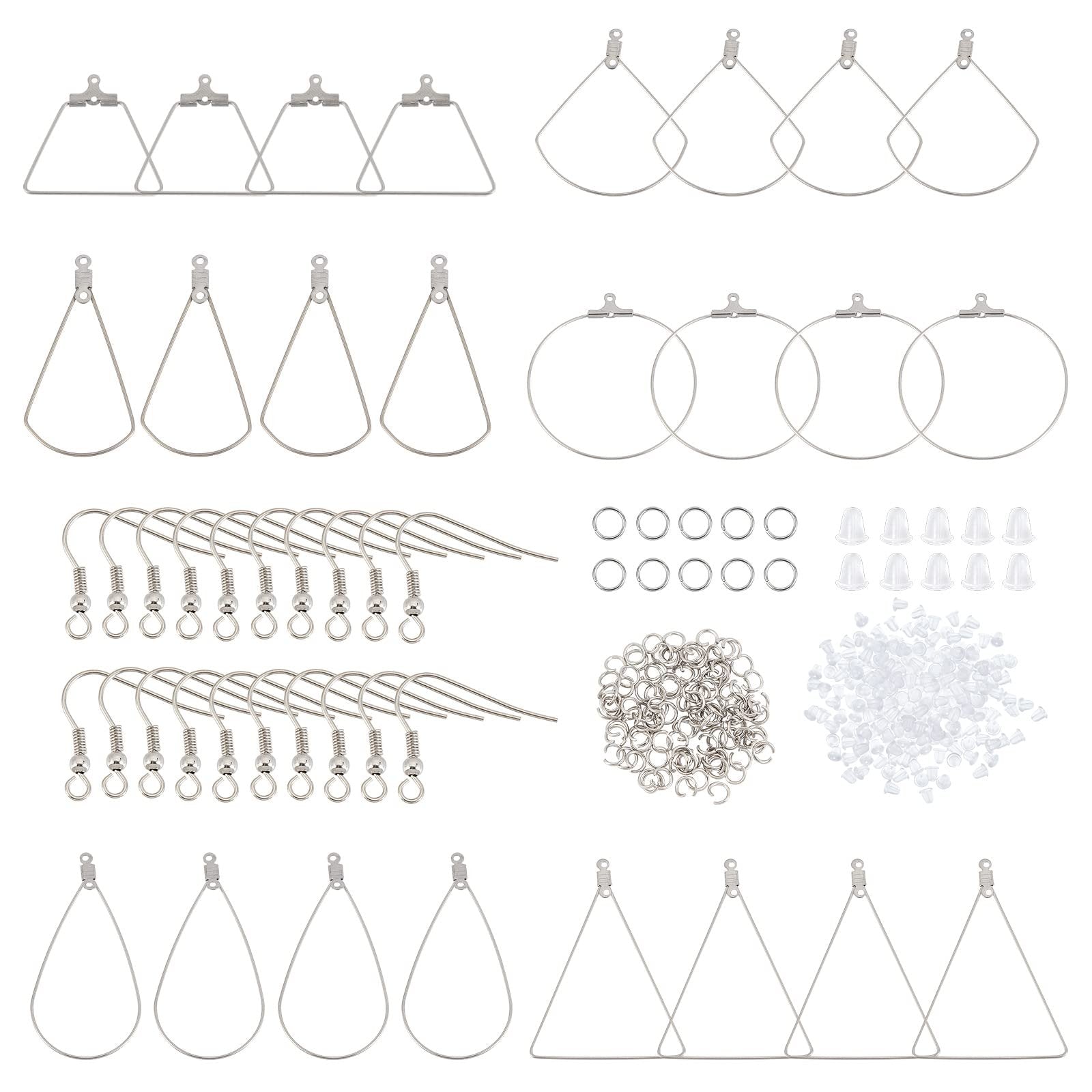 Stainless steel earring making kit components including hooks, jump rings, ear nuts, and various earring frames.