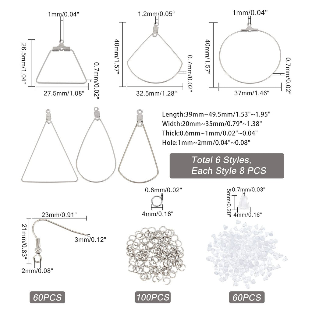 Stainless steel earring making kit components including triangle, teardrop, and hoop shapes, plus hooks, jump rings, and ear nuts with dimensions.