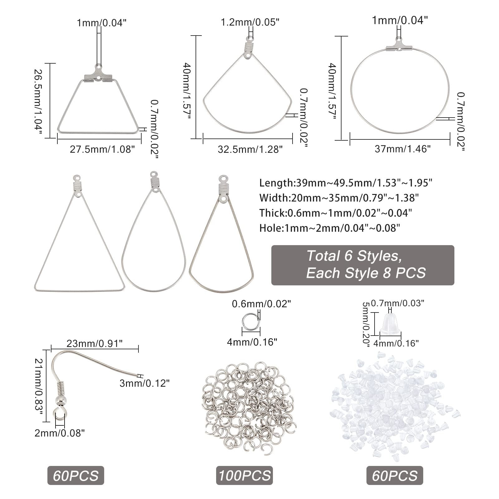 Stainless steel earring making kit components including triangle, teardrop, and hoop shapes, plus hooks, jump rings, and ear nuts with dimensions.