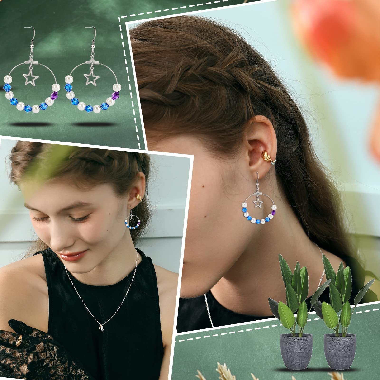 Woman wearing hoop earrings with pearls and blue and purple beads, and a star charm.
