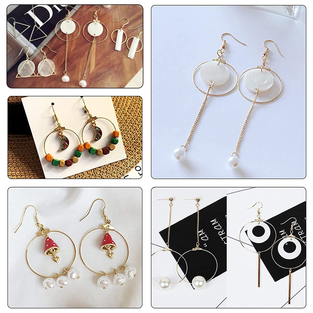 Collage of various hoop earrings with charms and beads, including moon, mushroom, and geometric designs.