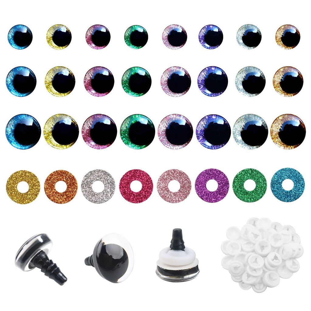Assortment of glitter safety eyes in various colors and sizes, plus washers and eye components, displayed against a white background.